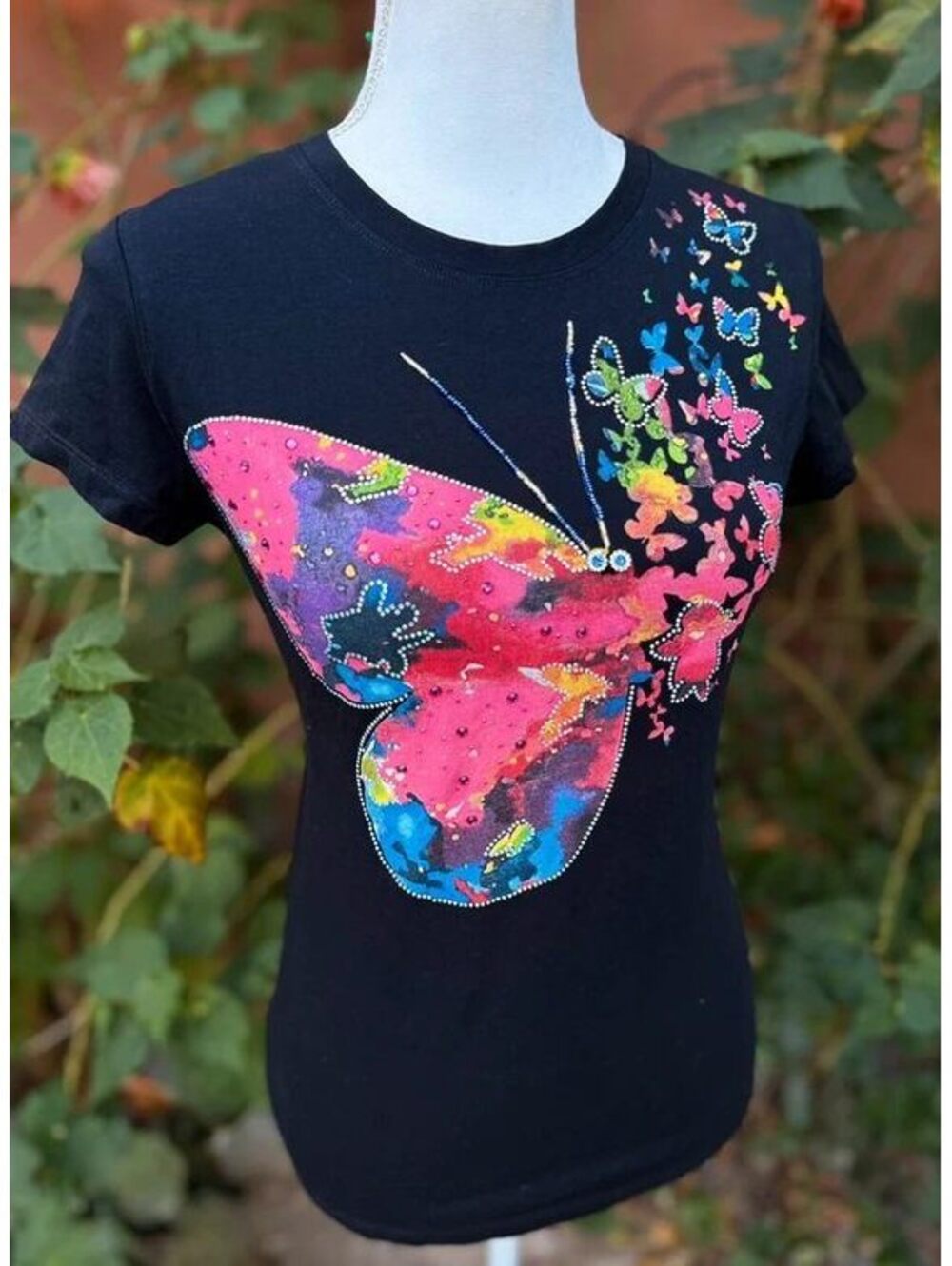 Vinizbena Euro Short Sleeved Butterfly Bedazzled Short Sleeved Black Tee Size S